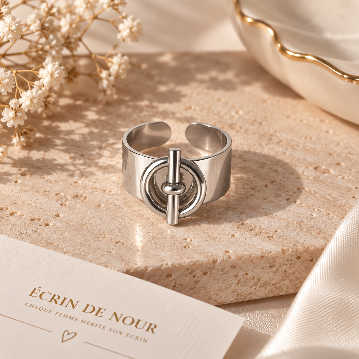 Bague Ajustable avec Barre & Rond – Acier Inoxydable
