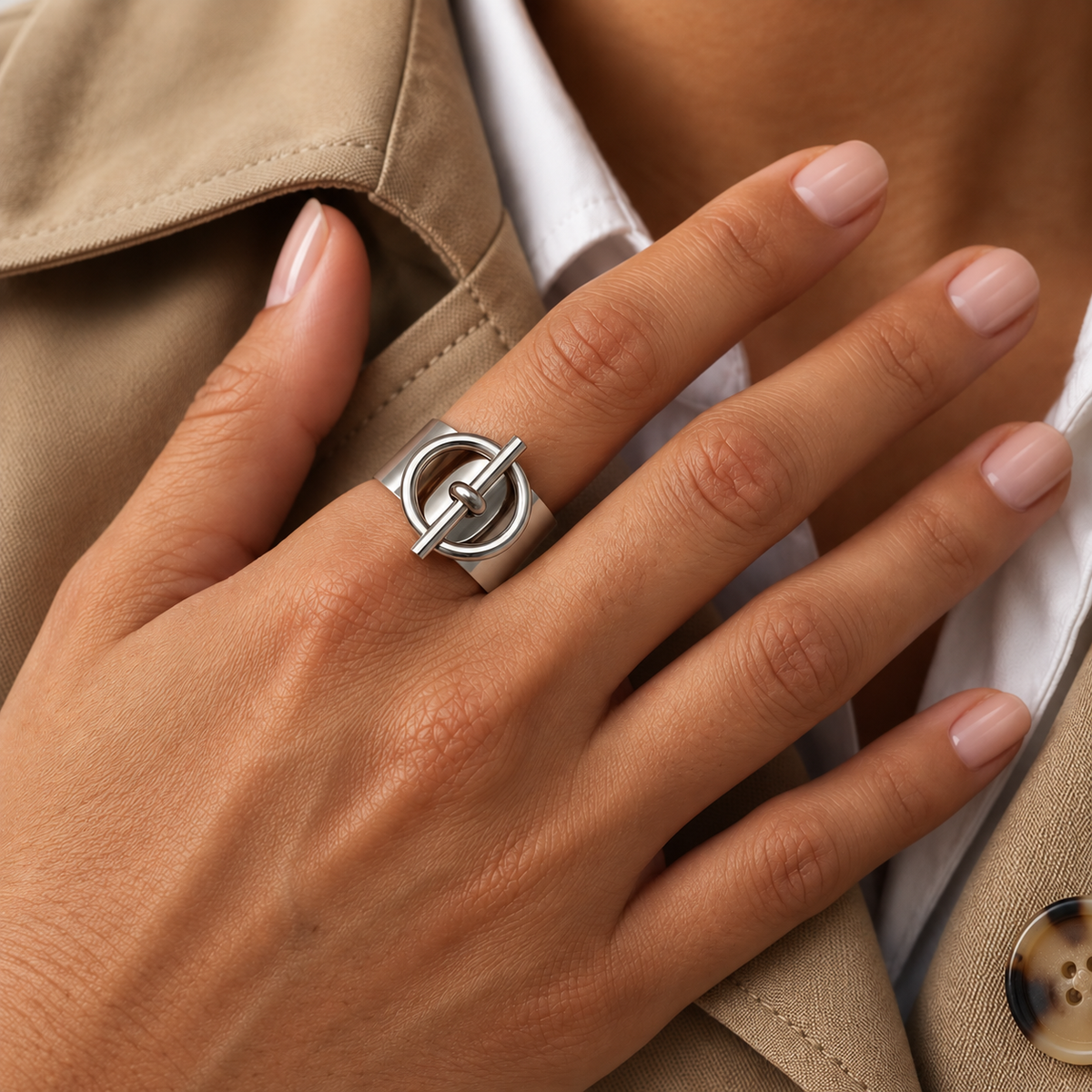 Bague ajustable argentée en acier inoxydable portée sur main de femme