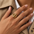 Bague ajustable dorée en acier inoxydable avec motif rond et barre centrale