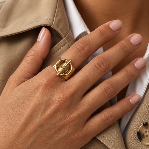 Bague ajustable dorée en acier inoxydable avec motif rond et barre centrale
