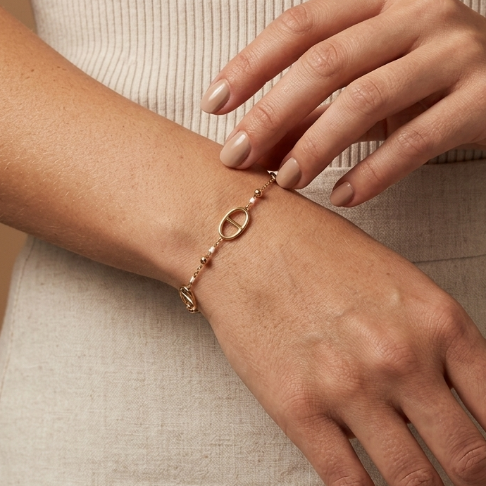 Bracelet doré en acier inoxydable à mailles marines et perles décoratives porté sur poignet de femme